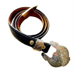 Vintage WAGE Sterling Silver Overlay Western Belt Buckle with Leather Belt